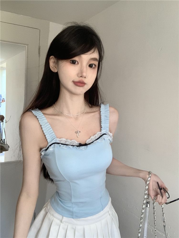 Square Neck Lace Trim Padded Crop Tank