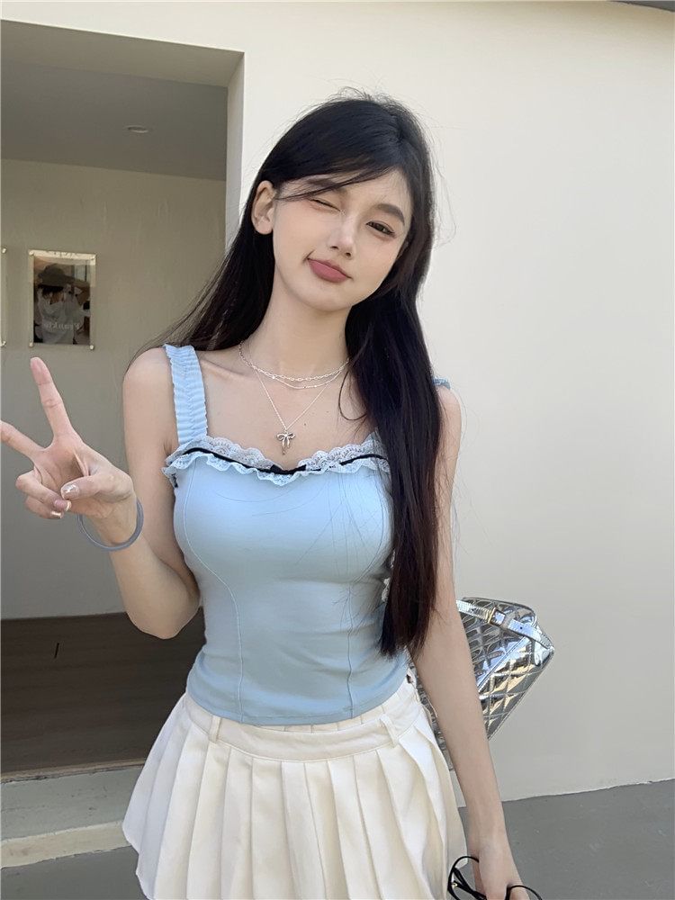 Square Neck Lace Trim Padded Crop Tank