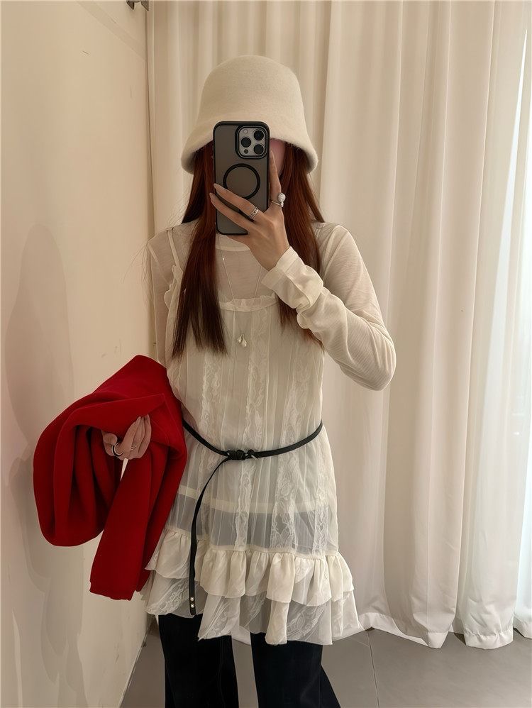 Crew Neck Sheer Tee Spaghetti Strap Lace Mini Dress