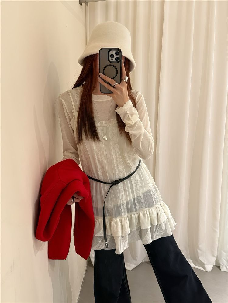 Crew Neck Sheer Tee Spaghetti Strap Lace Mini Dress