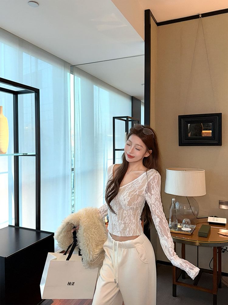 V-Neck Lace Accent Long-Sleeve Top