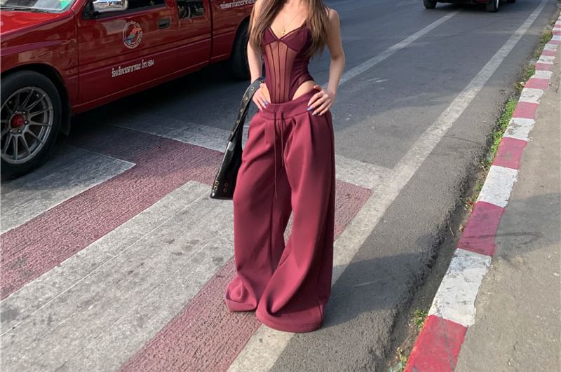 Sheer V-Neck Bodysuit with Spaghetti Straps and Wide Leg Sweatpants