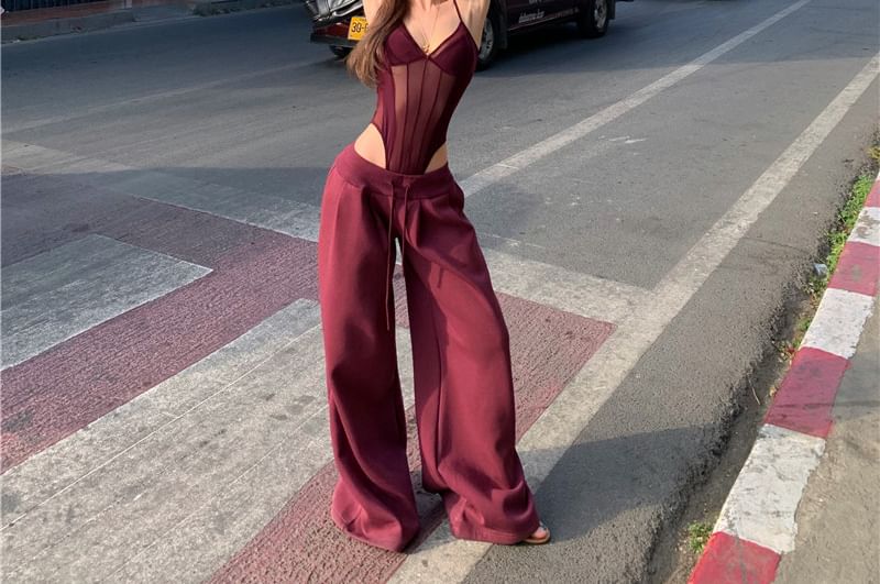 Sheer V-Neck Bodysuit with Spaghetti Straps and Wide Leg Sweatpants