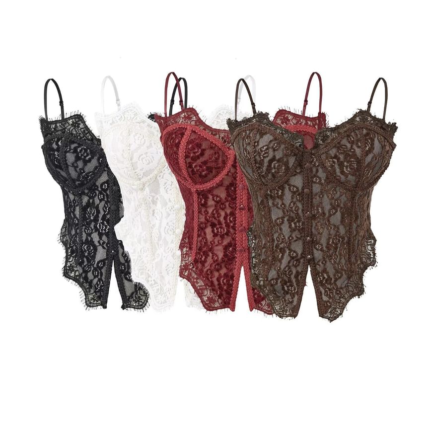 Lace Corset Top with Frill Trim and Spaghetti Straps