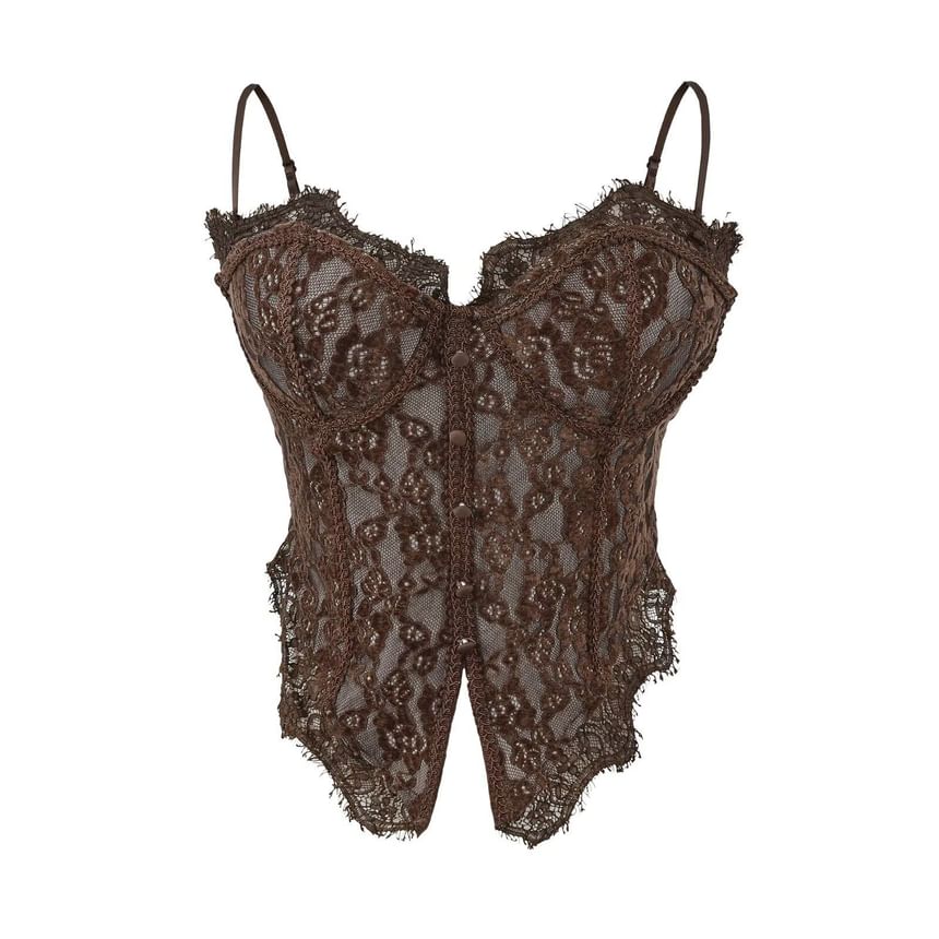 Lace Corset Top with Frill Trim and Spaghetti Straps