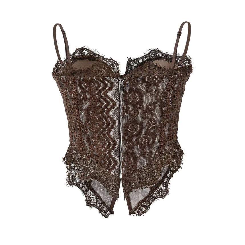 Lace Corset Top with Frill Trim and Spaghetti Straps