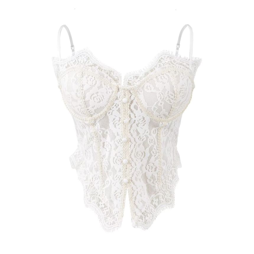 Lace Corset Top with Frill Trim and Spaghetti Straps