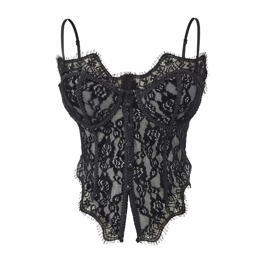 Lace Corset Top with Frill Trim and Spaghetti Straps