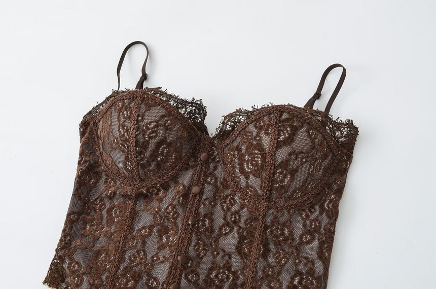 Lace Corset Top with Frill Trim and Spaghetti Straps