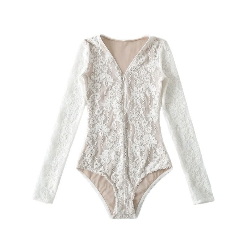 Extended Sleeve V-Neck Lace Bodysuit Blouse