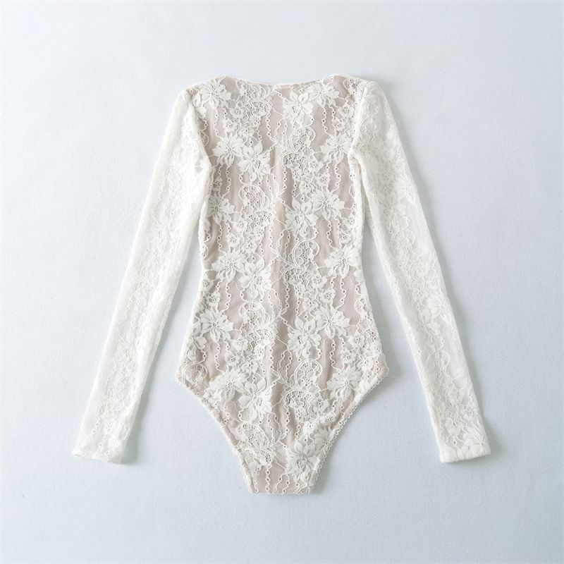 Extended Sleeve V-Neck Lace Bodysuit Blouse