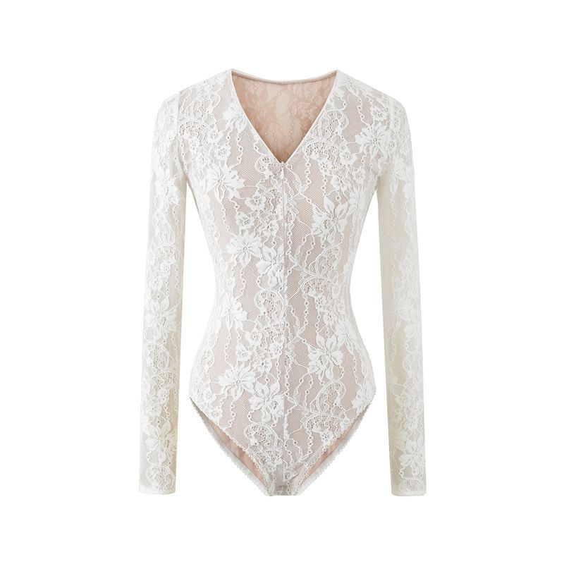 Extended Sleeve V-Neck Lace Bodysuit Blouse