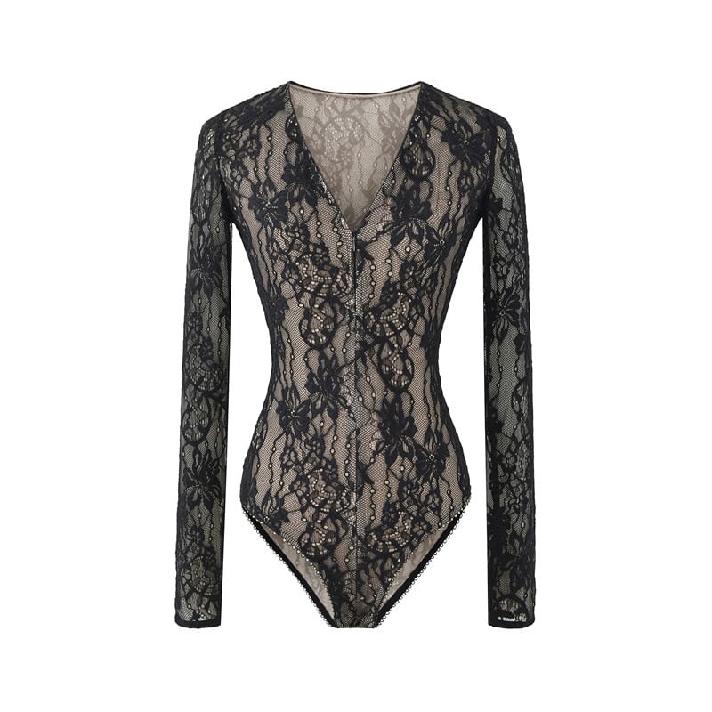 Extended Sleeve V-Neck Lace Bodysuit Blouse