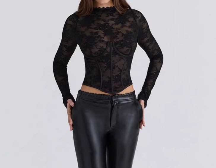 Lace Bustier Round Neck Long-Sleeve Top