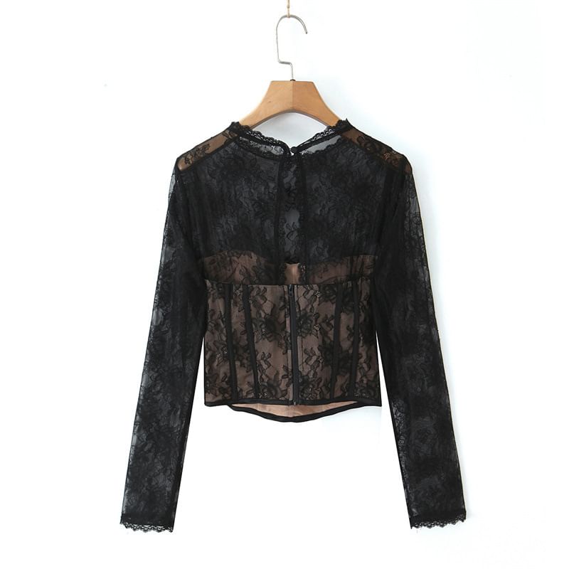 Lace Bustier Round Neck Long-Sleeve Top