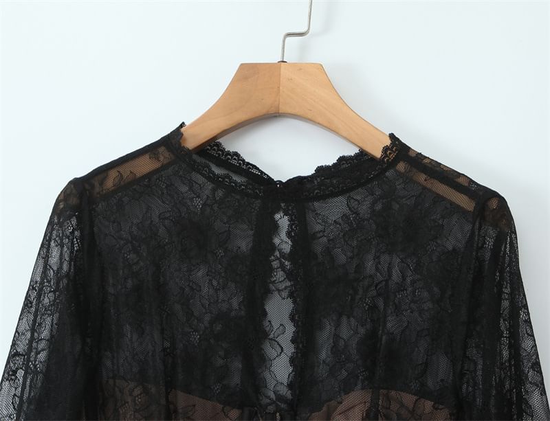 Lace Bustier Round Neck Long-Sleeve Top