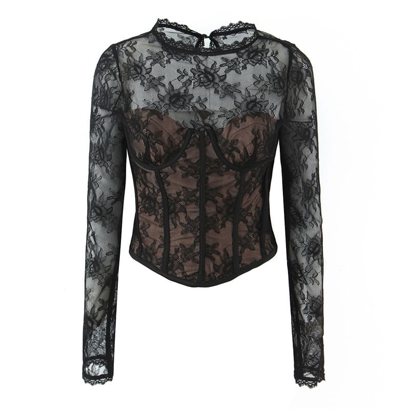 Lace Bustier Round Neck Long-Sleeve Top