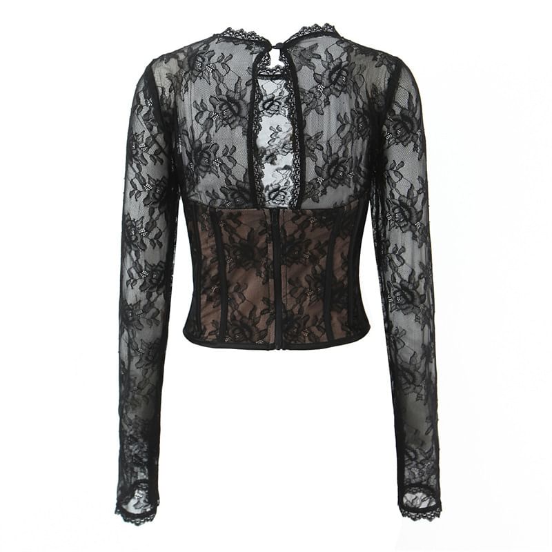 Lace Bustier Round Neck Long-Sleeve Top