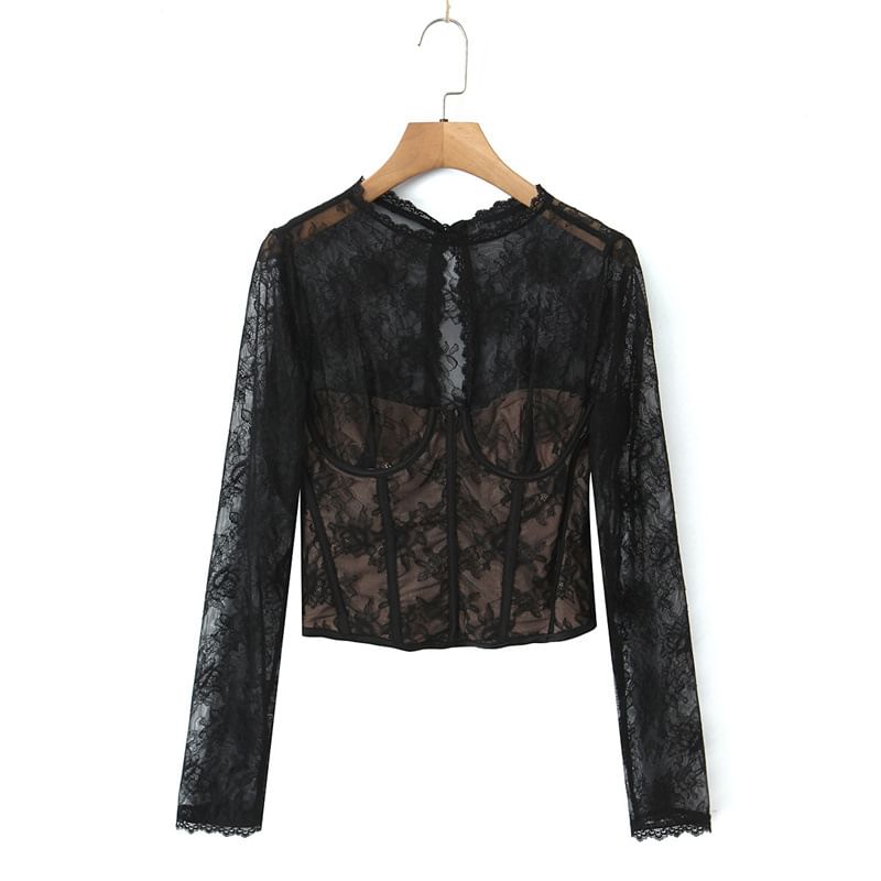 Lace Bustier Round Neck Long-Sleeve Top