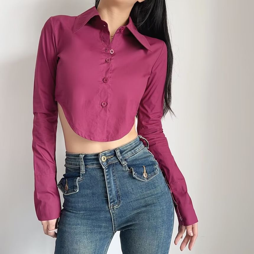 Collared Cropped Button-Down Long-Sleeve Shirt