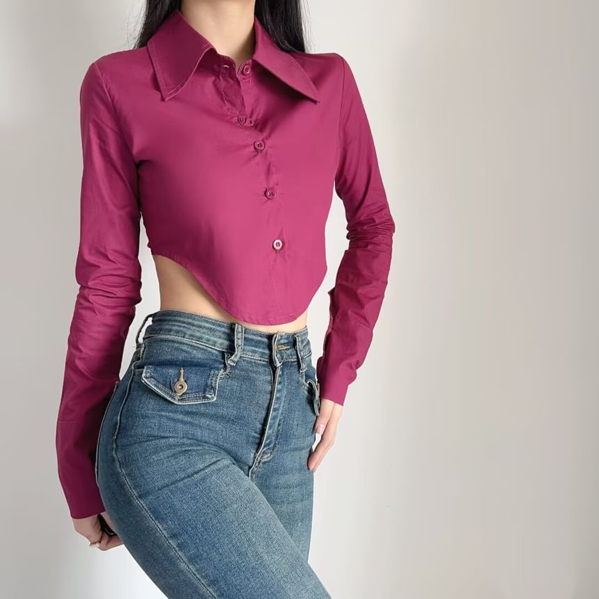 Collared Cropped Button-Down Long-Sleeve Shirt