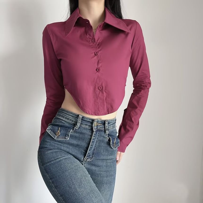 Collared Cropped Button-Down Long-Sleeve Shirt