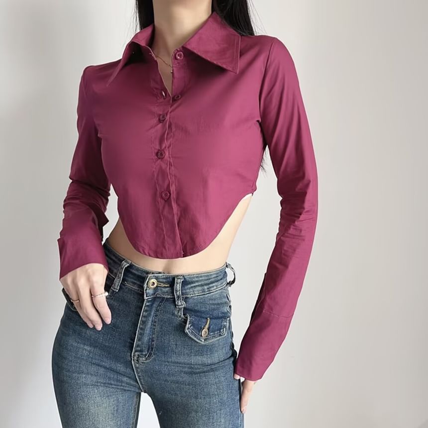 Collared Cropped Button-Down Long-Sleeve Shirt