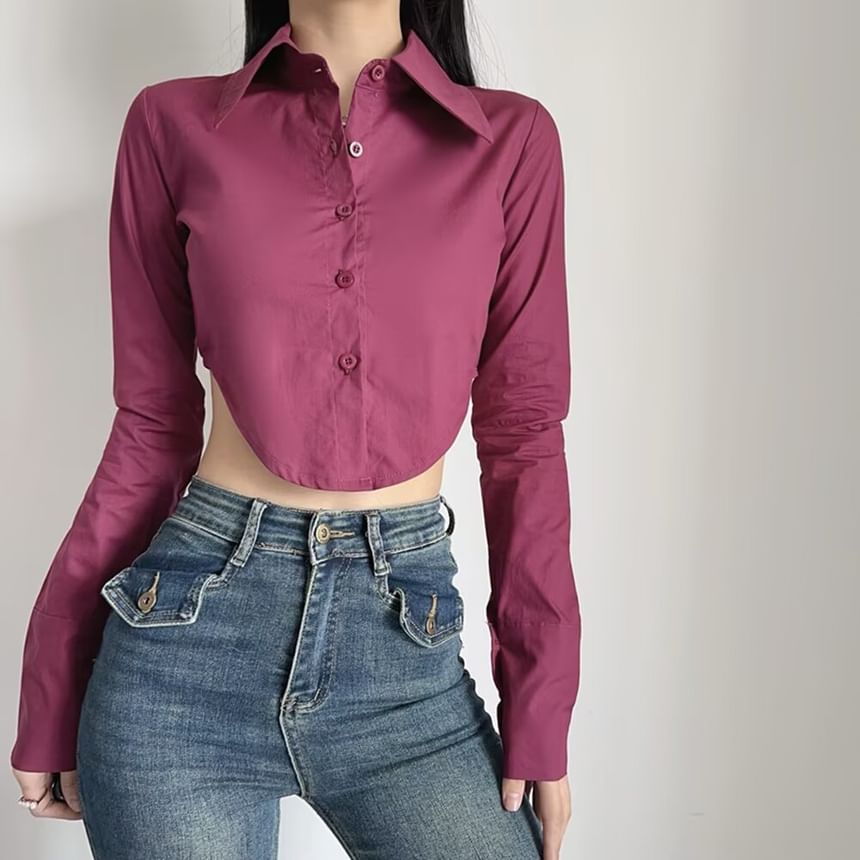 Collared Cropped Button-Down Long-Sleeve Shirt