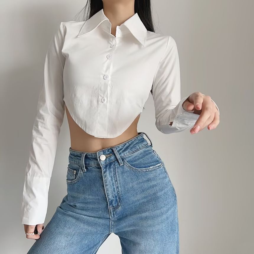 Collared Cropped Button-Down Long-Sleeve Shirt