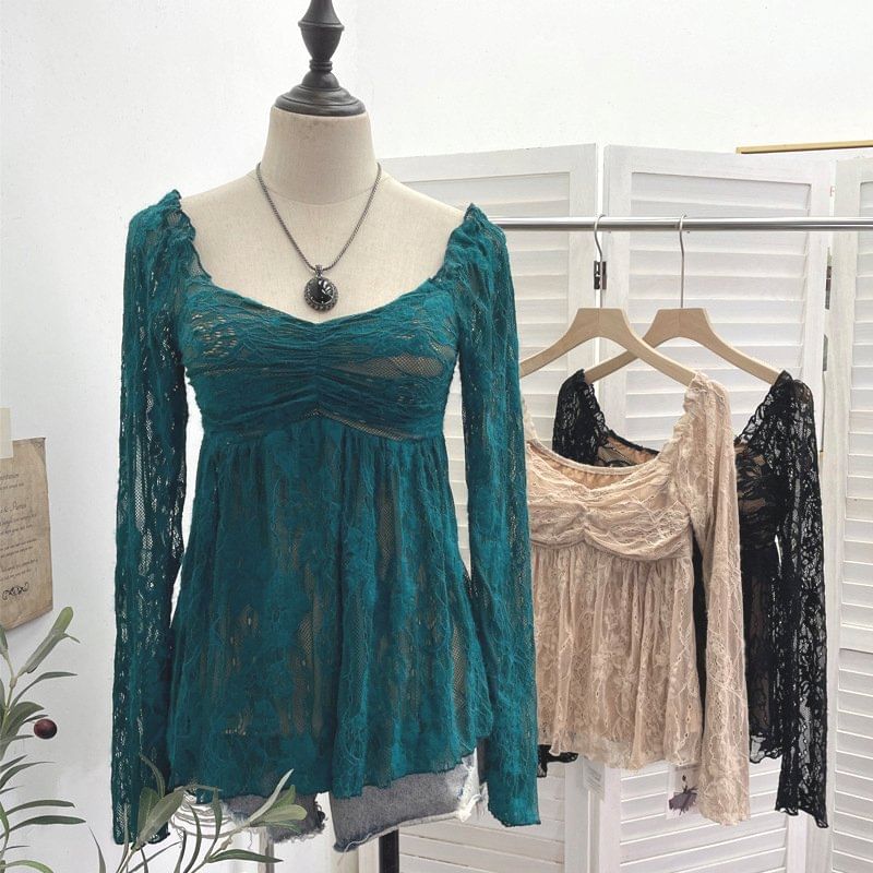 Square Neck Ruched Padded Lace Top Long Sleeve