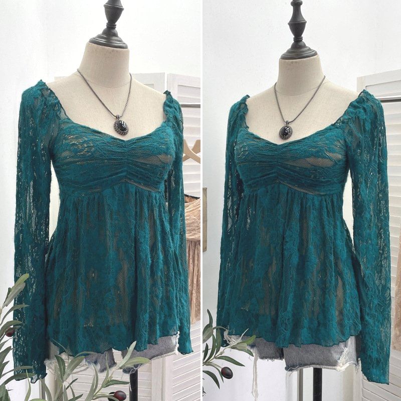 Square Neck Ruched Padded Lace Top Long Sleeve