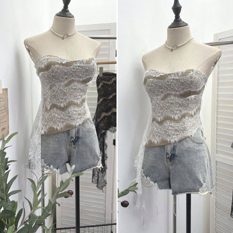Asymmetrical Padded Lace Crop Tube Top