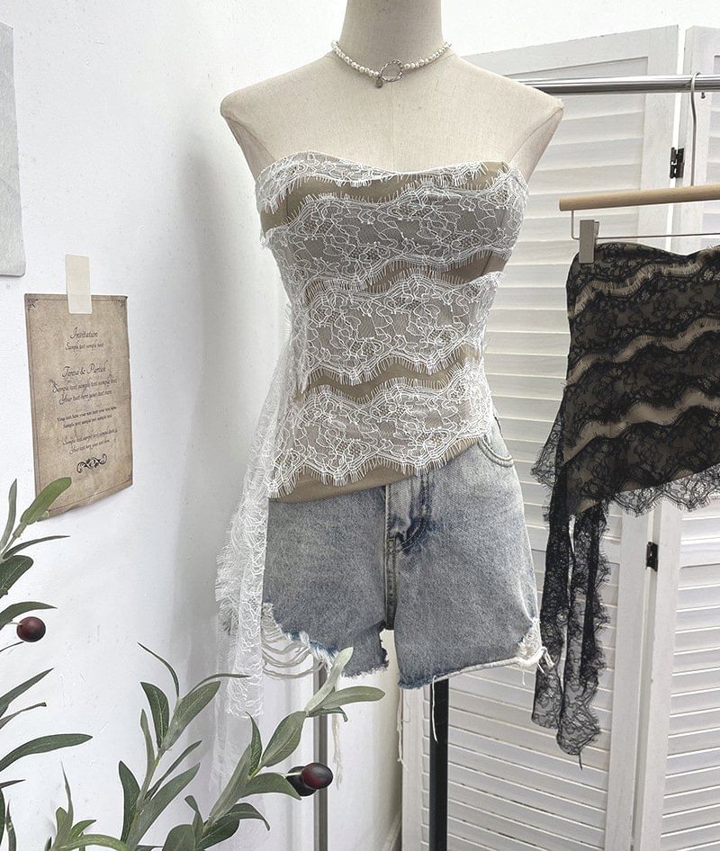 Asymmetrical Padded Lace Crop Tube Top