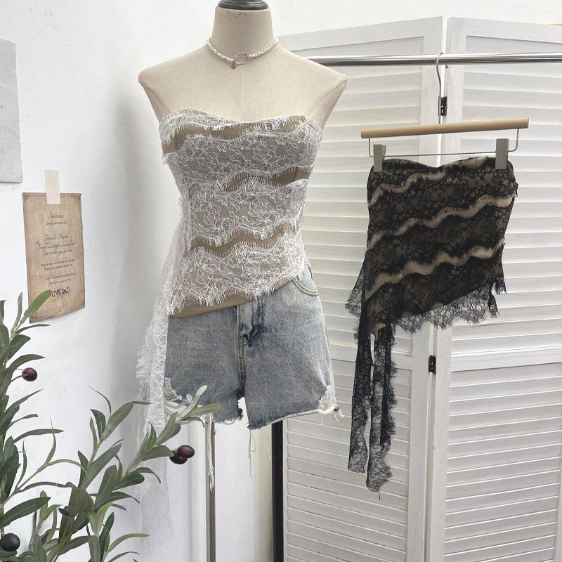 Asymmetrical Padded Lace Crop Tube Top