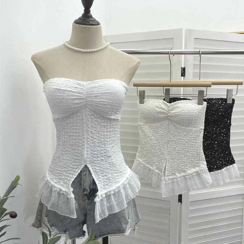 Shimmer Lace Cutout Cropped Tube Top