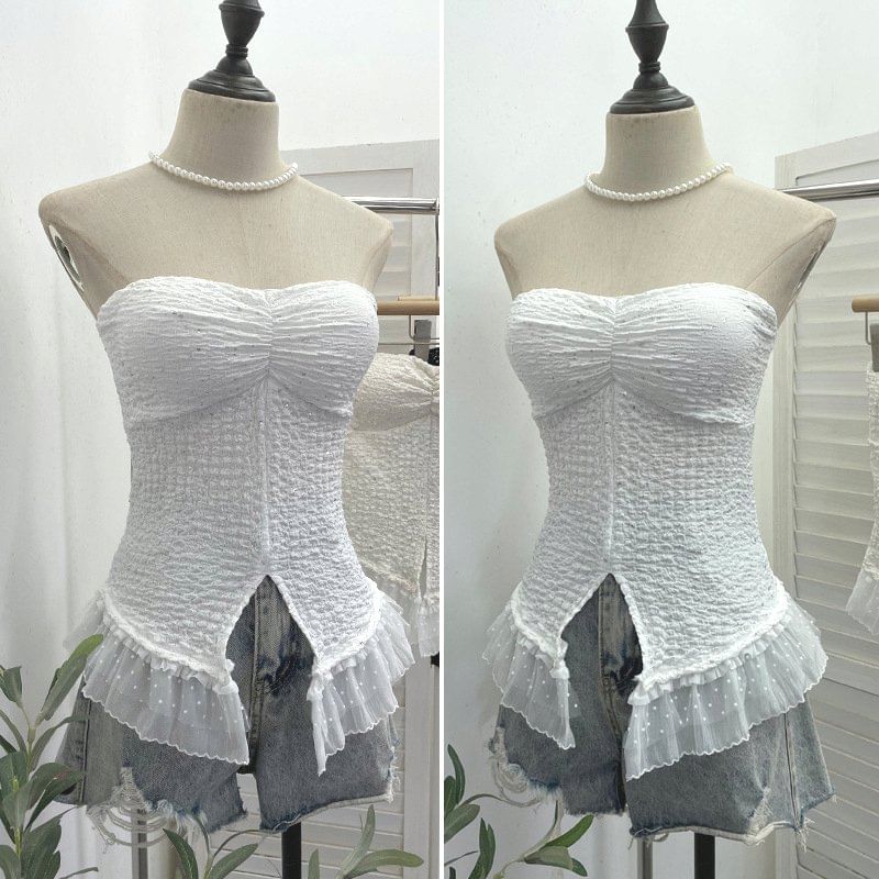 Shimmer Lace Cutout Cropped Tube Top