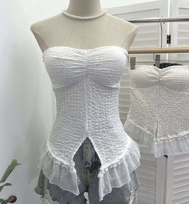 Shimmer Lace Cutout Cropped Tube Top