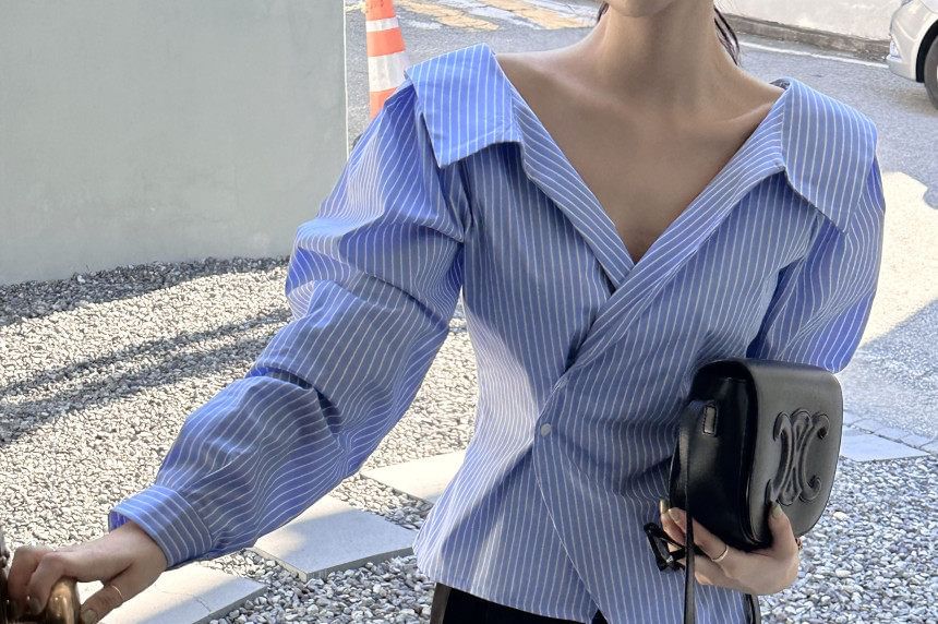 Striped Collared Button-Up Long-Sleeve Blouse