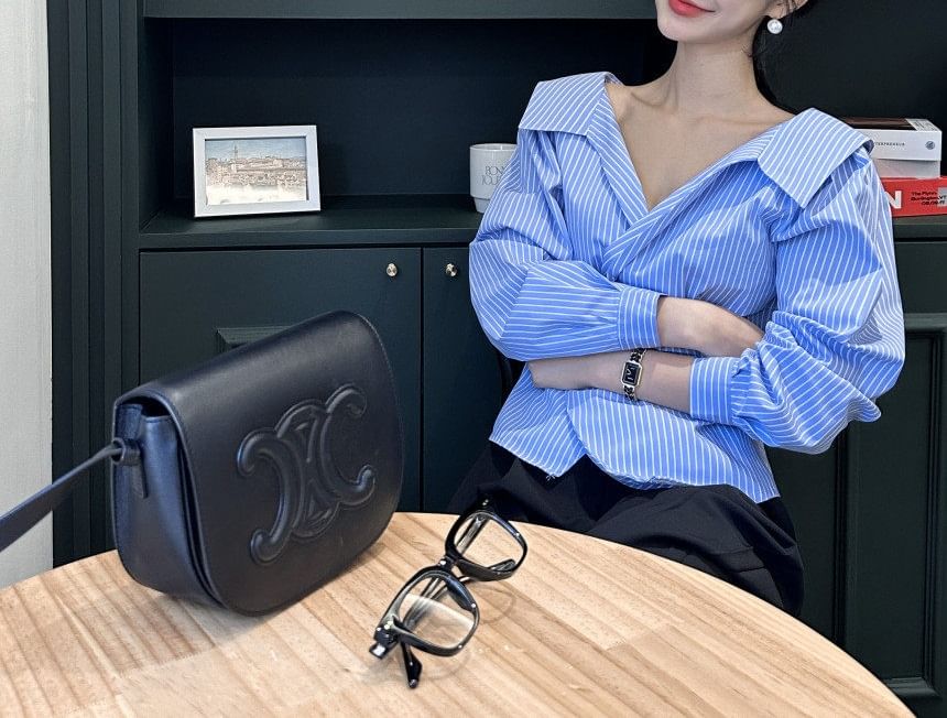 Striped Collared Button-Up Long-Sleeve Blouse