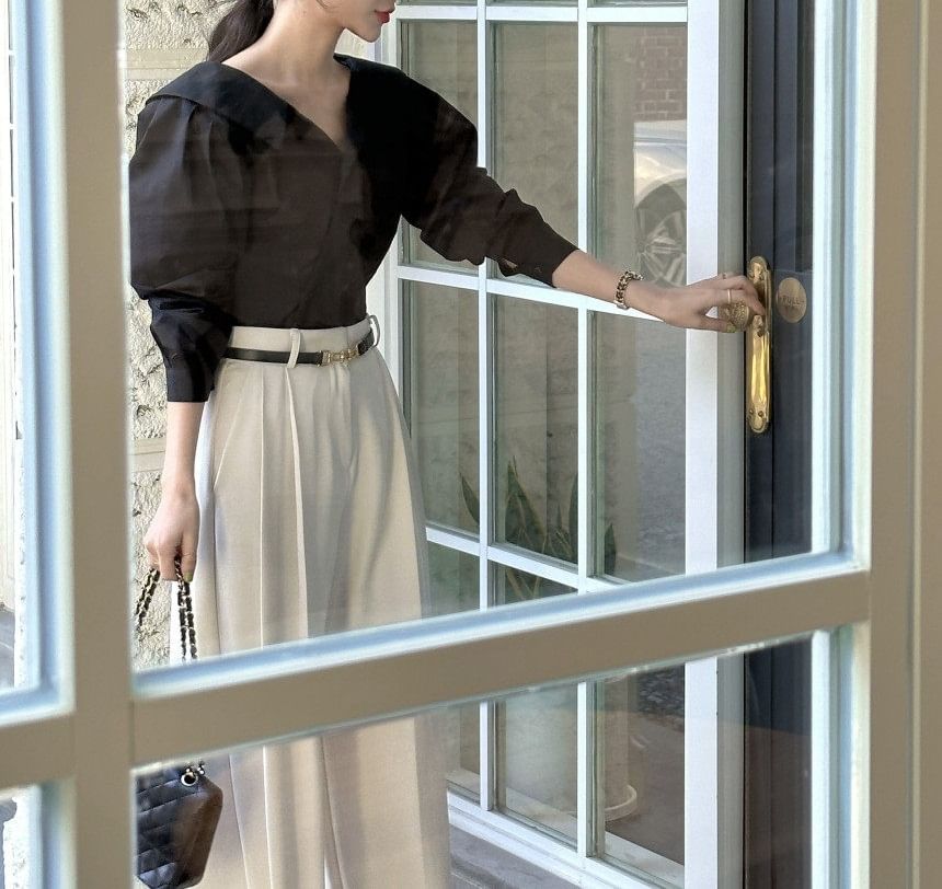 Striped Collared Button-Up Long-Sleeve Blouse