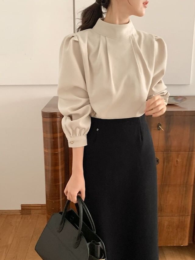 Mock Neck Ruched Long-Sleeve Blouse
