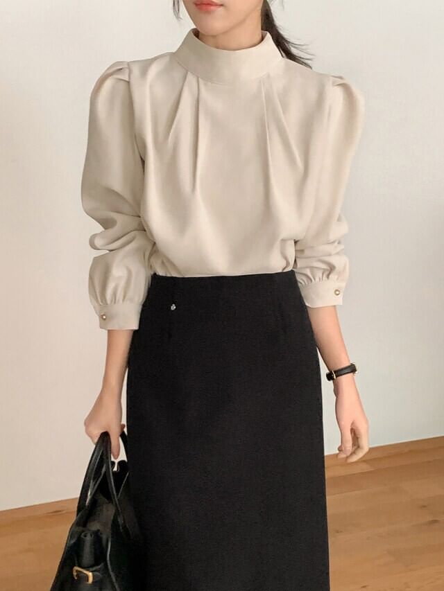 Mock Neck Ruched Long-Sleeve Blouse