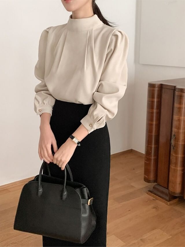 Mock Neck Ruched Long-Sleeve Blouse
