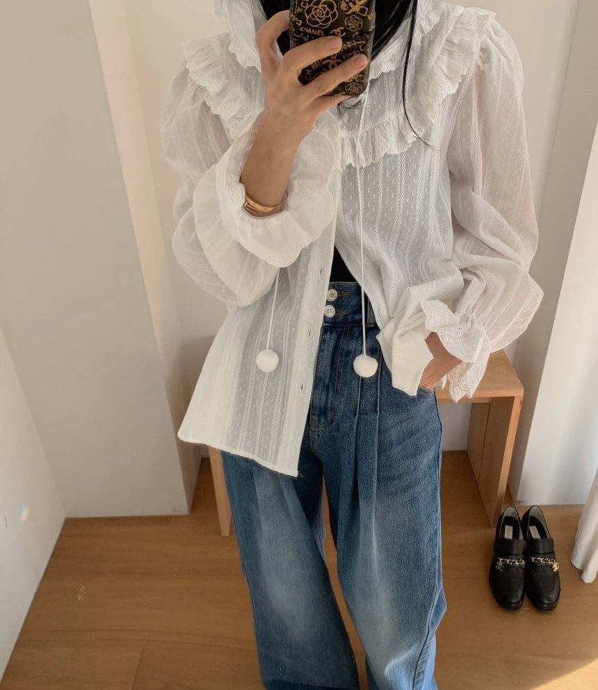 Hooded Ruffle Trim Button-Up Long-Sleeve Shirt