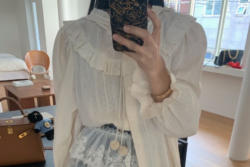 Hooded Ruffle Trim Button-Up Long-Sleeve Shirt