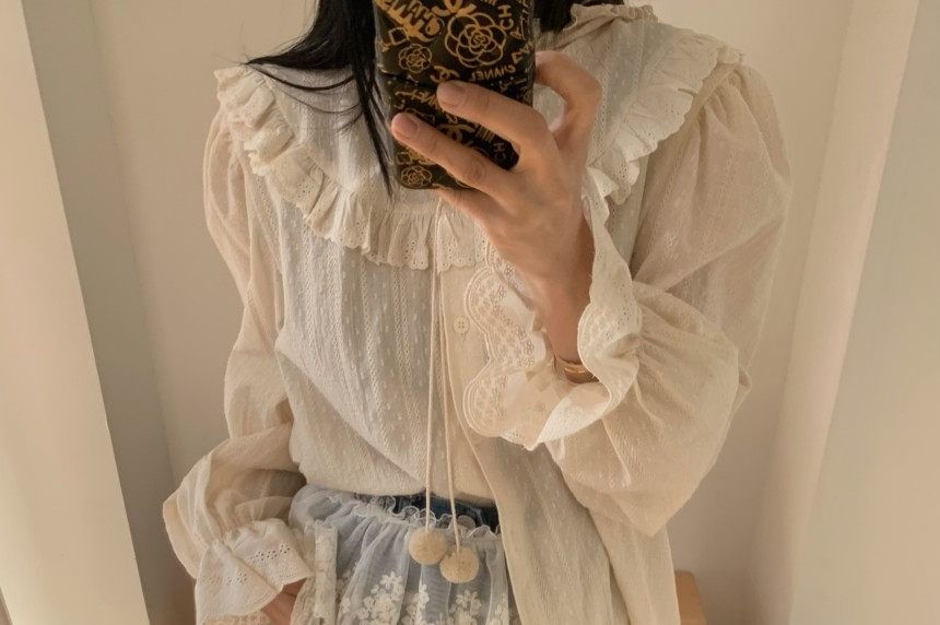 Hooded Ruffle Trim Button-Up Long-Sleeve Shirt