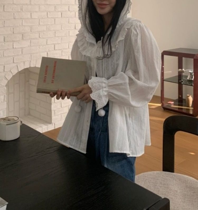 Hooded Ruffle Trim Button-Up Long-Sleeve Shirt