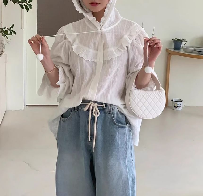 Hooded Ruffle Trim Button-Up Long-Sleeve Shirt