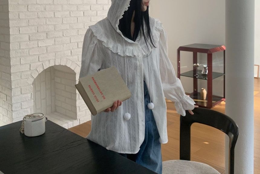 Hooded Ruffle Trim Button-Up Long-Sleeve Shirt