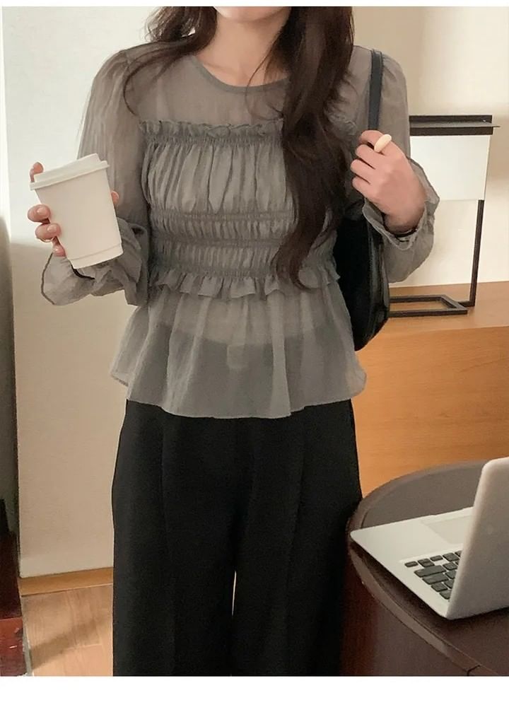 Round Neck Ruffle Trim Long-Sleeve Blouse